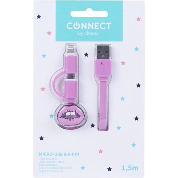 Kangaro K-58191006 Dresz 2-i-1 mikro-USB-opladerkabel + stiftlæber Pink