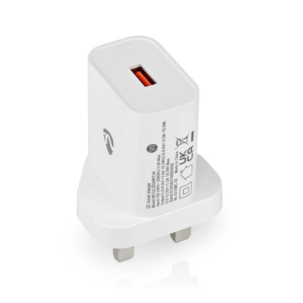 Nedis WCQC302AWTUK Oplader Hurtigopladningsfunktion Qc3.0 3.0 A Udgange: 1 Usb-a 18 W automatisk spændingsvalg