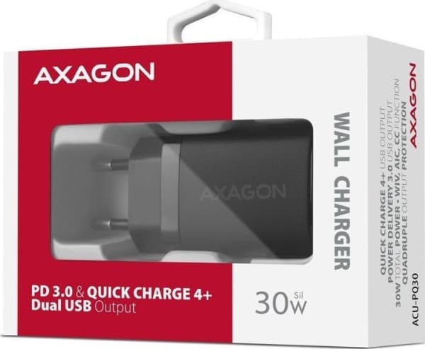 AXAGON ACU-PQ30 Laturi QC3.0, 4.0/AFC/FCP/PPS/Apple + PD USB-C, 30W - musta