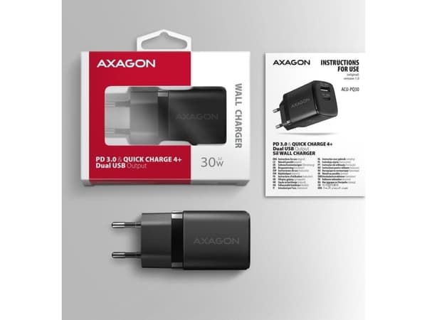 AXAGON ACU-PQ30 Laturi QC3.0, 4.0/AFC/FCP/PPS/Apple + PD USB-C, 30W - musta