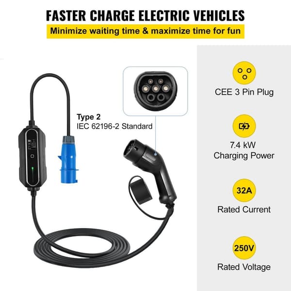 250V 7,4kW 32A Typ 2 bärbar elbilsladdare med CEE 3-stiftskontakt/7,5M-kabel, snabbare laddning, flerskiktsskydd, lätt att använda, hög kompatibilitet