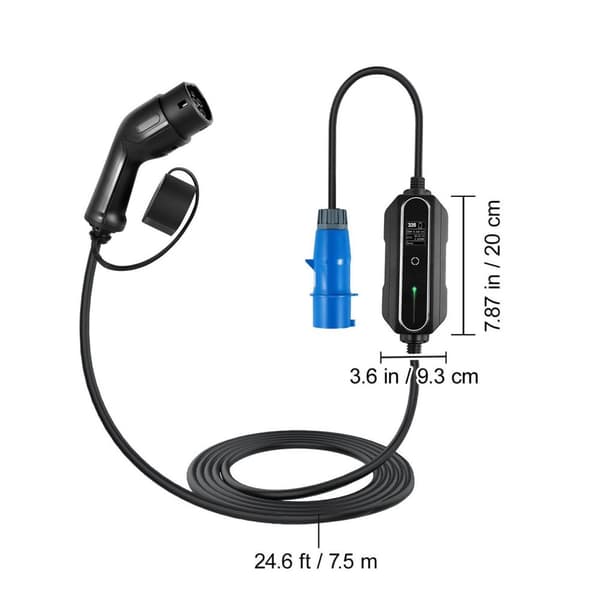 250V 7,4kW 32A Typ 2 bärbar elbilsladdare med CEE 3-stiftskontakt/7,5M-kabel, snabbare laddning, flerskiktsskydd, lätt att använda, hög kompatibilitet