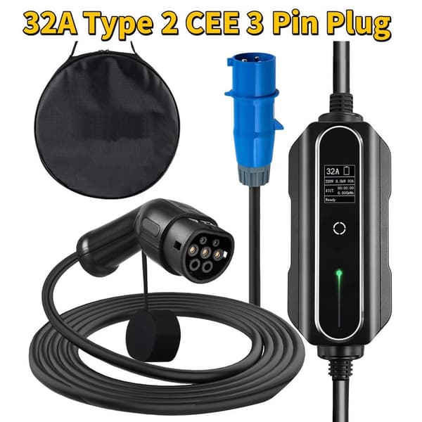 250V 7,4kW 32A Typ 2 bärbar elbilsladdare med CEE 3-stiftskontakt/7,5M-kabel, snabbare laddning, flerskiktsskydd, lätt att använda, hög kompatibilitet