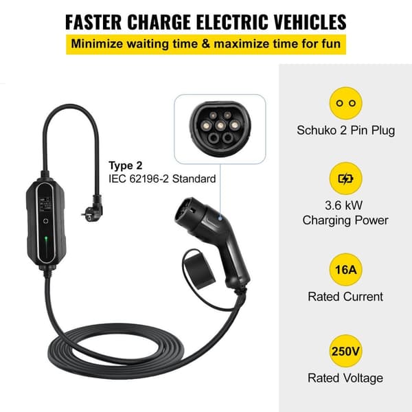 250V 3,6kW 16A Typ 2 bärbar elbilsladdare med Schuko 2-stiftskontakt/7,5M-kabel, snabbare laddning, flerskiktsskydd, lättanvänd, hög kompatibilitet