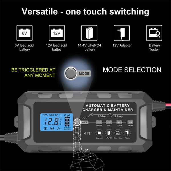 5-i-1 bilbatterioplader batterioplader Smart biloplader 12V LCD skærmoplader til blysyre
