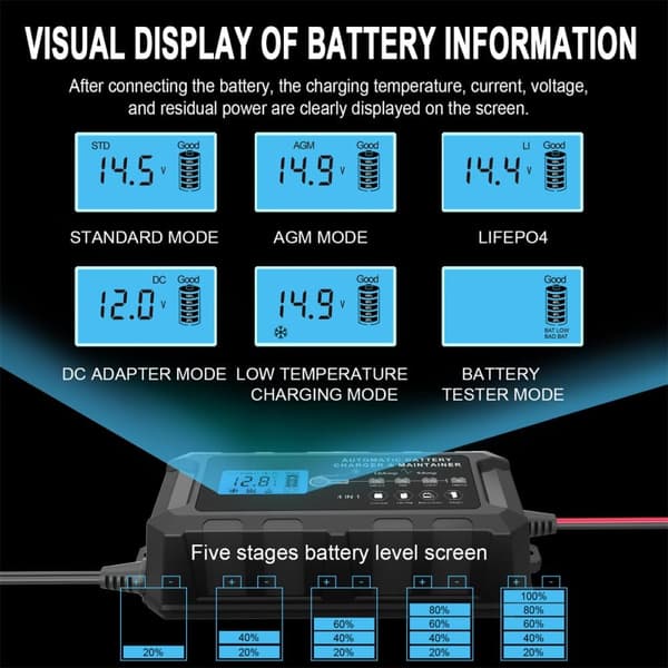 Bilbatterioplader 10A 12V-14V bilbatterioplader bil vedligeholdelsesoplader med LCD-skærm motorcykel batterioplader