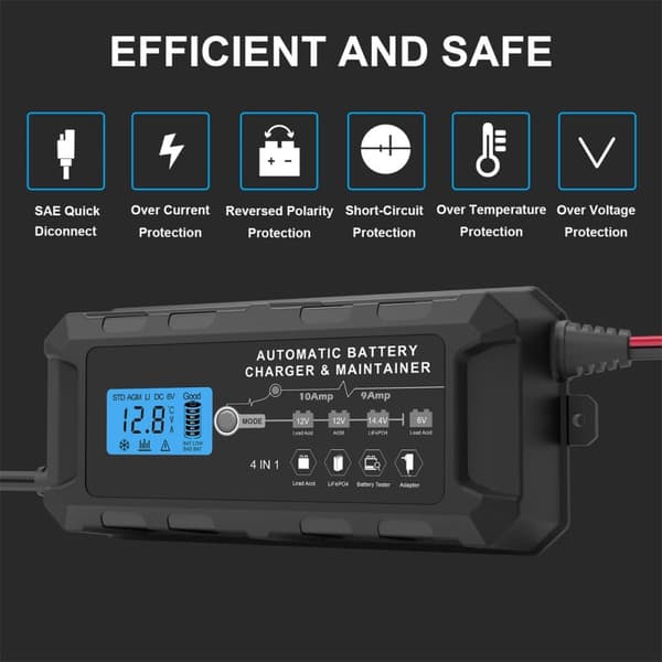 Bilbatterioplader 10A 12V-14V bilbatterioplader bil vedligeholdelsesoplader med LCD-skærm motorcykel batterioplader