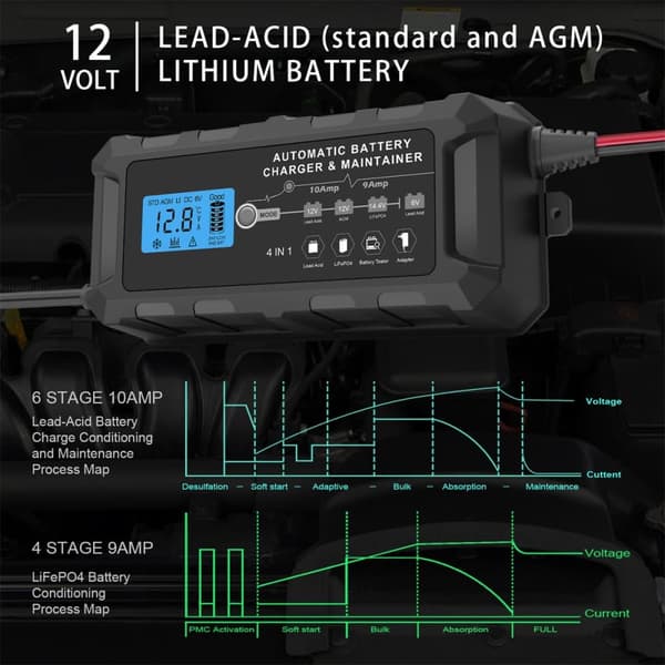 Bilbatterioplader 10A 12V-14V bilbatterioplader bil vedligeholdelsesoplader med LCD-skærm motorcykel batterioplader