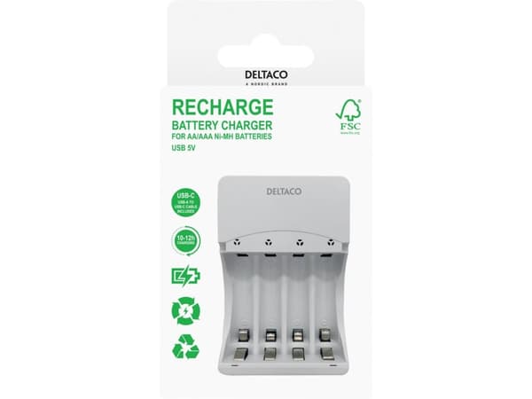 DELTACO Ultimate - Batterilader - (for 4xAA/AAA) - 4 x batterier lader - hvit
