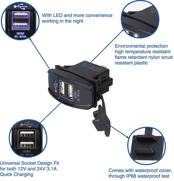 USB-laddare för motorcykel, båt, 2x USB, 3.1A, 12-24V, 1,5m