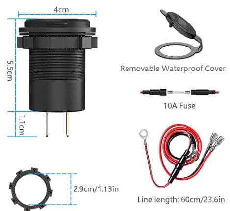 12V Bil USB-laddningsportar, Quickcharge 3.0 48W, USB-C + USB-A, vattentät