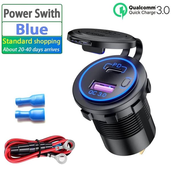 12V Bil USB-laddningsportar, Quickcharge 3.0 48W, USB-C + USB-A, vattentät
