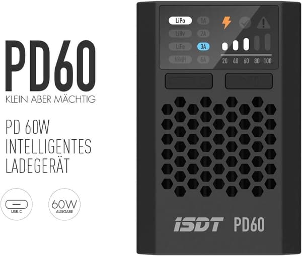 ISDTPD60, 60W, 6A bærbar oplader til 1-4S Lipo / Life / Lilon, 1-12S LiHv / PB / NiMH Balance Lipo Charger