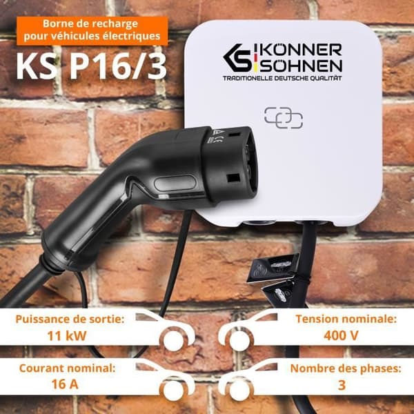 Laddstation för elfordon KS P16/3, effekt 11 kW, Typ 2, märkström 16A, spänning 400 V, kabel 5 m