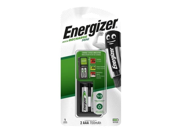 Energizer Mini Charger, Nikkelimetallihybridi (NiMH), Ylivaraus, AA, AAA, 2 kpl, Sisältää paristot