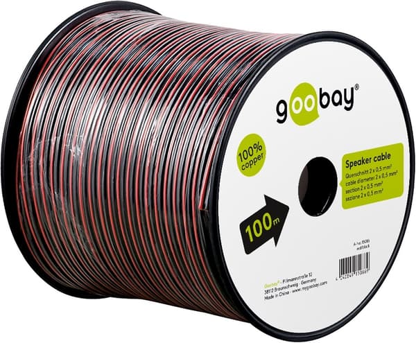 Goobay Høyttalerkabel rød;svart CU 100 m spole, tverrsnitt 2 x 0,5 mm²