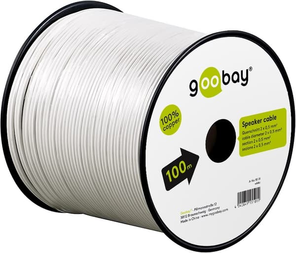Goobay Høyttalerkabel hvit CU 100 m spole, tverrsnitt 2 x 0,5 mm²