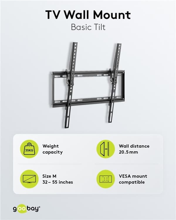 Goobay TV-väggfäste Basic TILT (M) för TV-apparater från 32 till 55 tum (81-140 cm), lutbar upp till 35 kg
