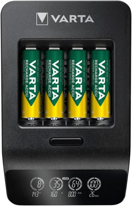 Varta LCD Smart Charger+ (type 57684) inkl. 4x AA 2100 mAh oplader op til 4x AA-batterier eller AAA-batterier (NiMH) samtidigt Sort