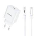 Miniatyrbillede 1 af 7: Wall charger Vipfan E04, USB-C, 20W, QC 3.0 + Lightning cable (white)