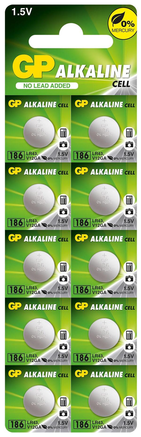 Baterie GP Batteries, butoni (AG12/LR43) 1.5V alcalina, blister 10 buc. "GP186F-2C10" "GPPBA186F004" - 645265 (timbru verde 0.1 lei)
