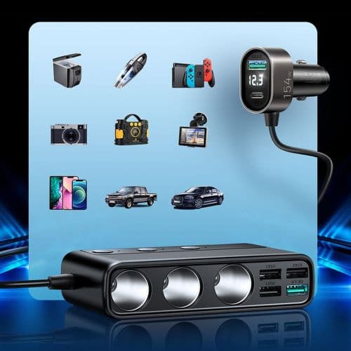 Joyroom Car Charger 9-in-1, (C+U+U+U+U+U+ 3 cigarette lighter socket) 154W, Black (JR-CL06)