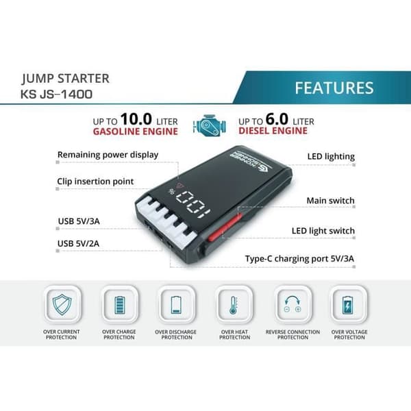 Startmotor 3-i-1 - Könner &amp; Söhnen - KS JS-1400 - 18000 mAh - 1400 A - USB och LED-lampa