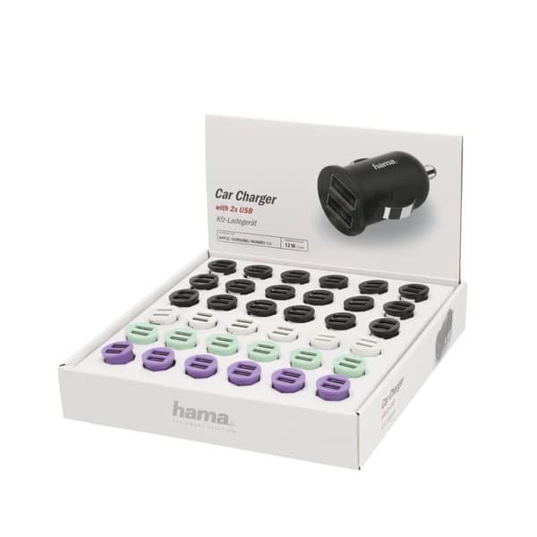 Hama Car Charger, 2-Port USB, 2.4 A, 36 Pcs in Display Svart, Grön, Violett, Vit
