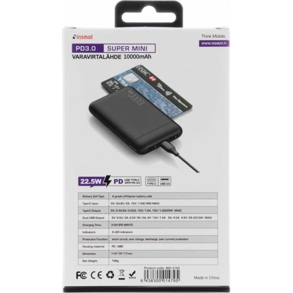 Insmat QC/PD 10.000 mAh ekstern batteri