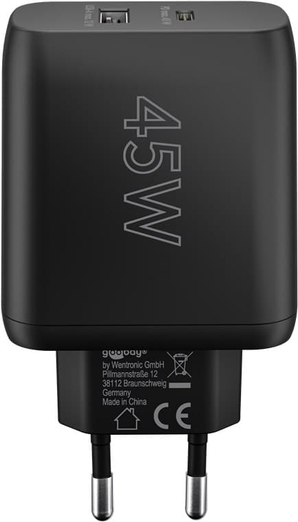 USB-C™ PD GaN Dobbel hurtiglader (45 W) Svart