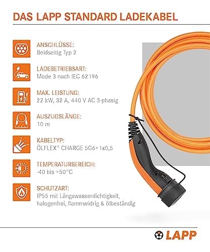 LAPP MOBILITY laddkabel typ 2, upp till 22 kW, 10 m, orange (65311)