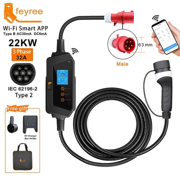 Bærbar EV-lader, 22KW Hurtigopladning, Wi-Fi APP-styring, 22KW APP NO Adapter