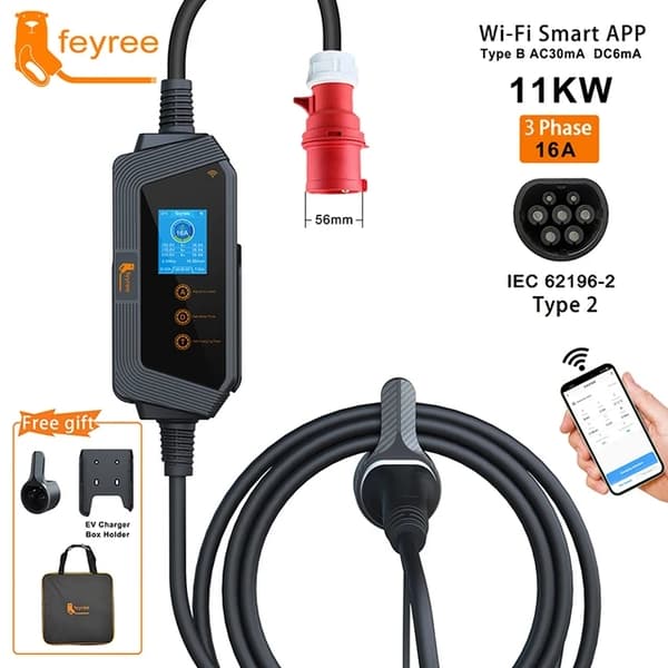 Kannettava sähköauton latauslaite, 11KW nopea lataus, Wi-Fi-ohjaus, 11KW APP EI sovitinta