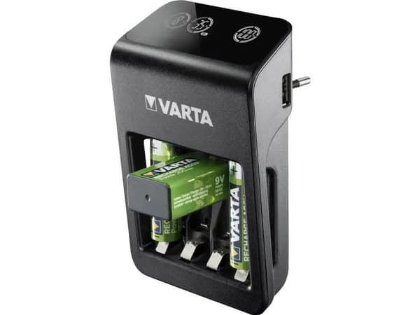 Varta LCD Plug Charger+ - 4 t batterilader / strømadapter - (for 4xAA/AAA, 1x9V) 4 x AA-type - NiMH - 2100 mAh (USB) Sort