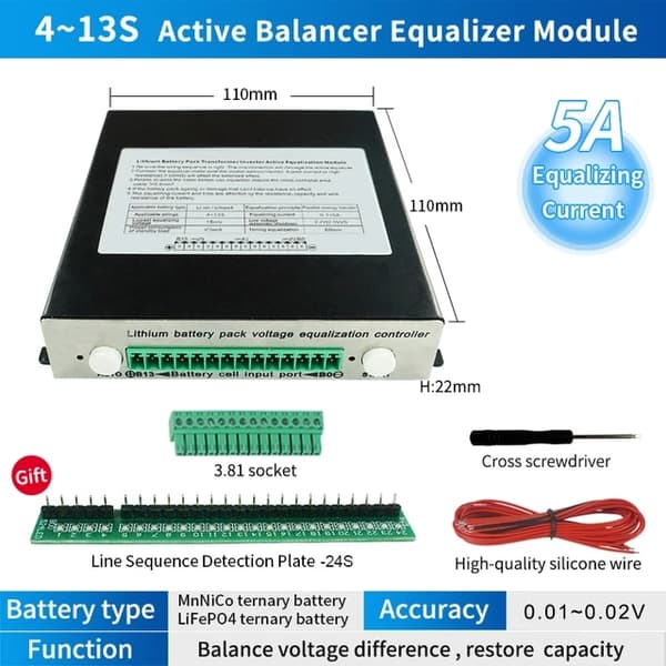 Aktiv balancer, kapacitetsreparation, lithium/Lifepo4 batteripakke, 4S-13S 8A med etui