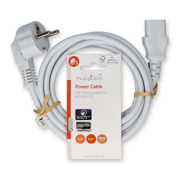 Nedis Strømkabel | Jordet kontakt han | IEC-320-C13 | Vinklet | Rett | Nikkel belagt | 2.00 m | Rund | PVC | Hvit | Label