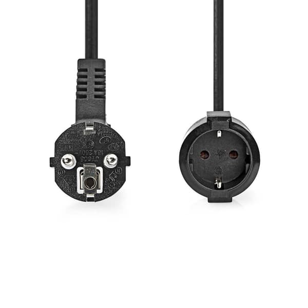 Nedis Strömkabel | Strömkontakt Hane | Strömkontakt Hona | Vinklat | Rak | Nickelplaterad | 5.00 m | Rund | PVC | Svart | Label