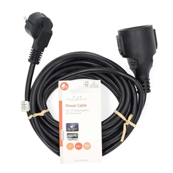 Nedis Strömkabel | Strömkontakt Hane | Strömkontakt Hona | Vinklat | Rak | Nickelplaterad | 5.00 m | Rund | PVC | Svart | Label