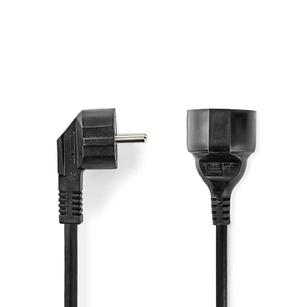 Nedis Strömkabel | Strömkontakt Hane | Strömkontakt Hona | Vinklat | Rak | Nickelplaterad | 5.00 m | Rund | PVC | Svart | Label