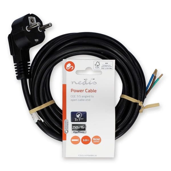 Nedis Strömkabel | Strömkontakt Hane | Open | Vinklat | Rak | Nickelplaterad | 3.00 m | Rund | PVC | Svart | Label