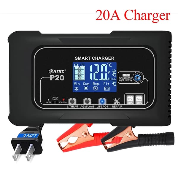 Bilbatterioplader, Automatisk Pulserende Reparation, LCD Skærm, 20A oplader, EU-stik