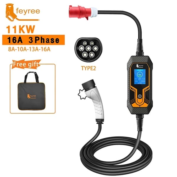 Elektrisk køretøj oplader, bærbar og Type 2 EVSE, CEE-stik, 11KW 16A 3 Fase, TYPE2