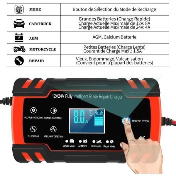 8A 12V/24V intelligent bilbatteriladdare, 3-stegs batteriladdare och bilreparationsfunktionstruck, AGM