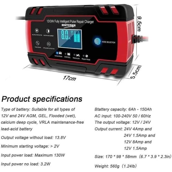 3T6B Smart pekskärm bilbatteriladdare 12V/4A 24V LCD-skärm med flera skyddsskydd