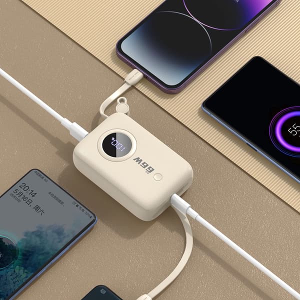 Powerbank 10000 mAh med USB-C og Lightning-kabel - Beige
