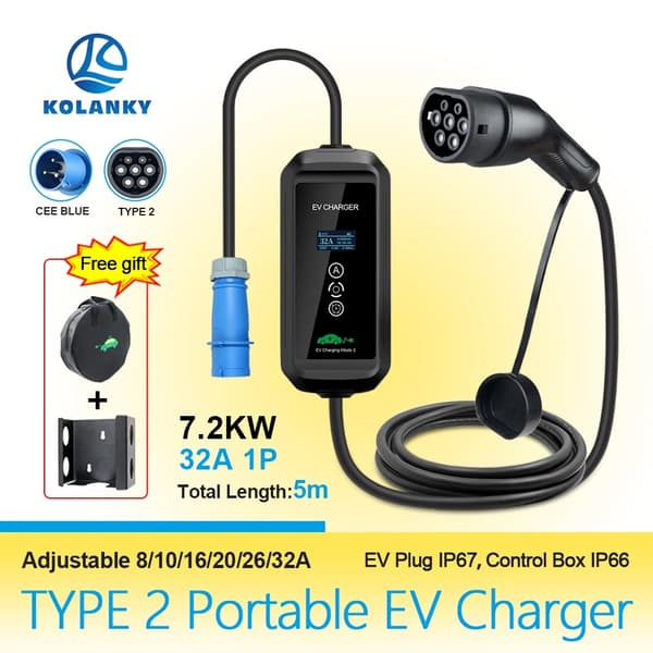 Kannettava 7KW Type 2 EV -laturi, säädettävä virta 32A, 5 metrin pituus,Tyyppi 2 7KW