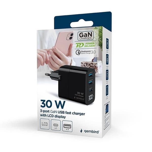 Oplader usb 30w 3port/ta-uc-pdqc30LCD-bk-02, Gembird