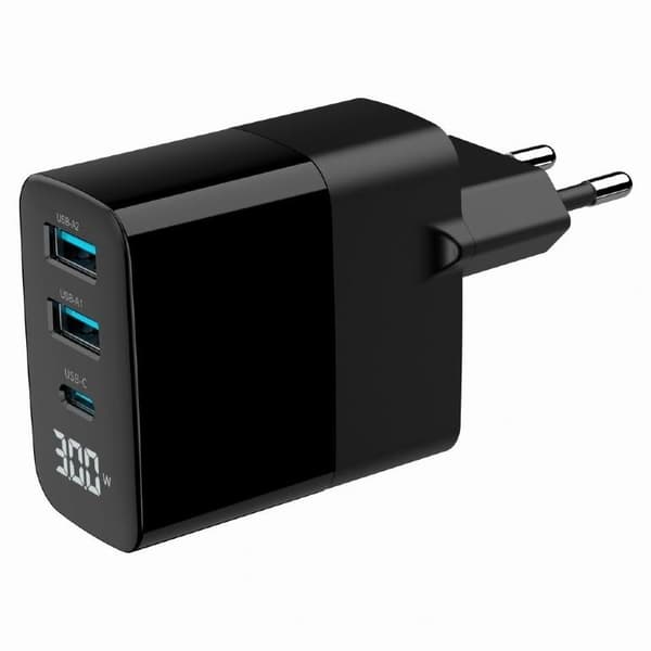 Oplader usb 30w 3port/ta-uc-pdqc30LCD-bk-02, Gembird Sort