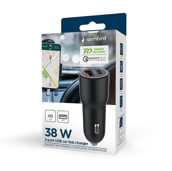 Mobiloplader bil usb 2port/ta-uc-ac2pdqc38-car-01, Gembird