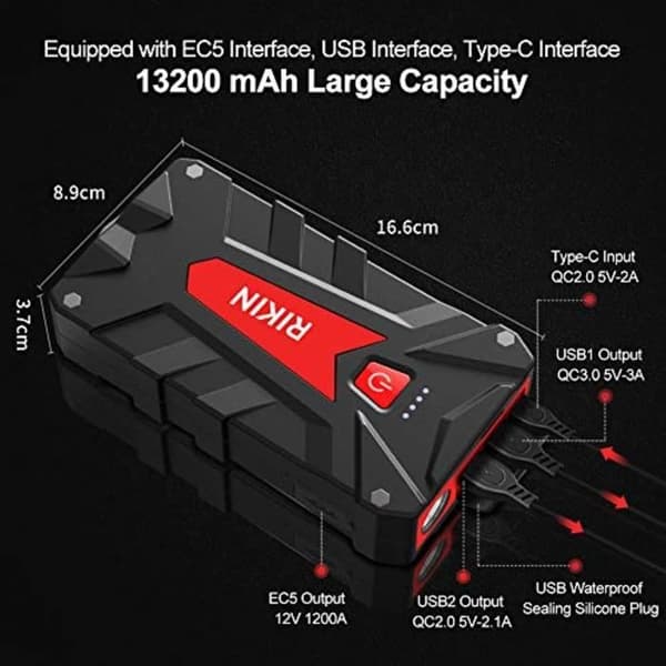 AOKBON Car Battery Booster 1200A 13200mAh Bilstarter Smart Auto Starter Vattentät (upp till 6L bensin 5L Diesel